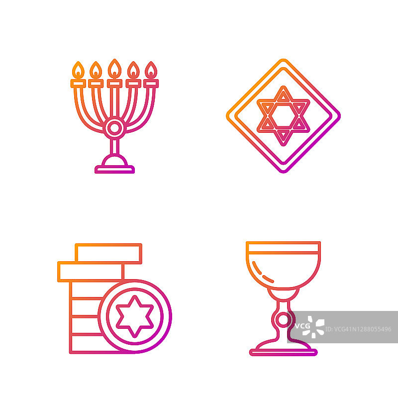 摆列犹太高脚杯，犹太硬币，光明节烛台和大卫之星。渐变颜色图标。向量图片素材