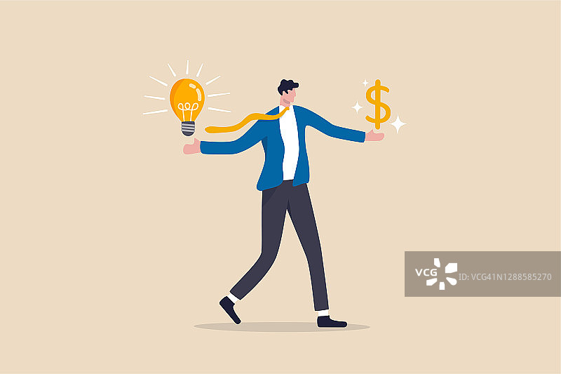 商业理念要赚钱，创新和创意要做出利润投资或财务规划的概念，聪明的商人手里拿着灯泡的想法和金钱美元的符号。图片素材