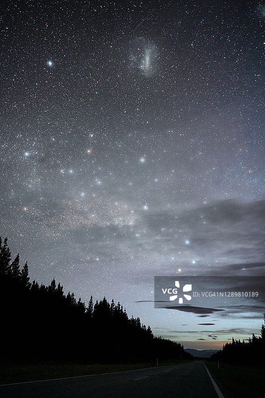 新西兰南岛库克山国家公园路上的星夜。图片素材