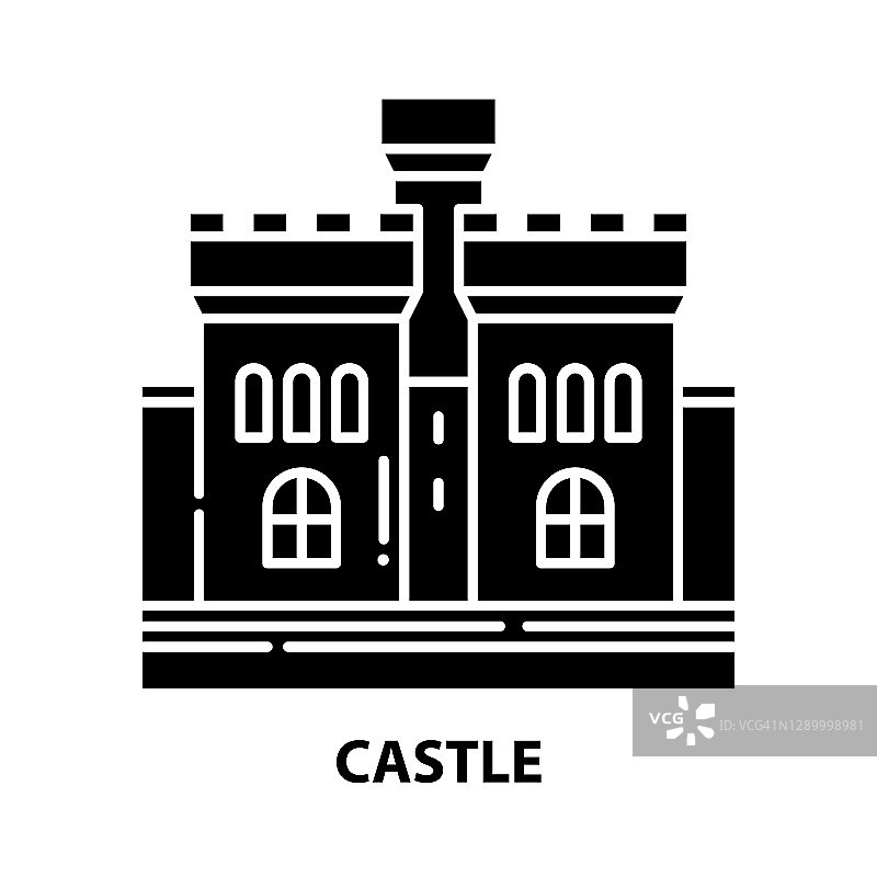 城堡图标，黑色矢量符号与可编辑的笔触，概念插图图片素材