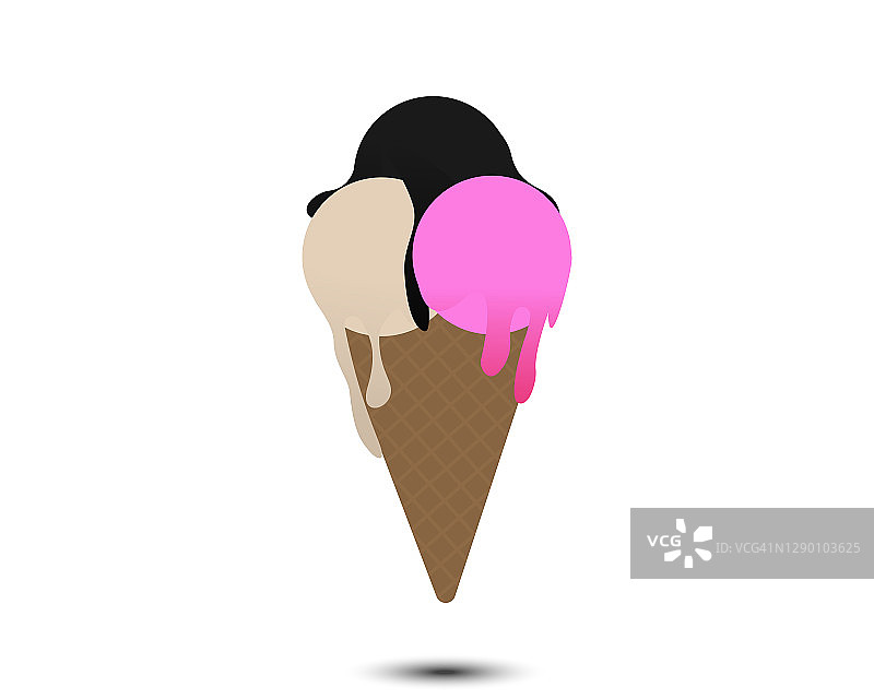 木炭，香草，草莓冰淇淋在棕色华夫蛋筒在白色背景图片素材