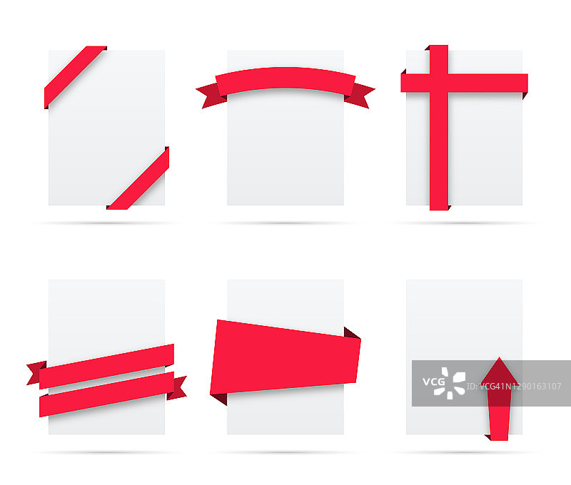 一套红色丝带上的空白白色标签-设计元素图片素材