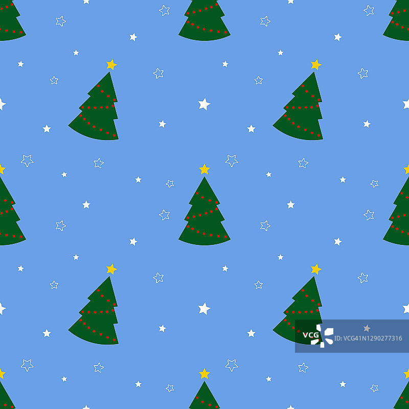 无缝模式与绿色的圣诞树和星星在蓝色的背景。抽象的,包装装饰。圣诞快乐，新年快乐图片素材