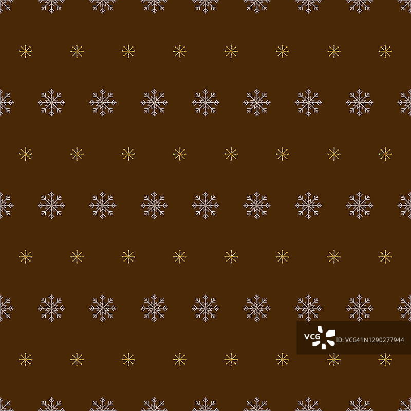 银色和金色雪花图案无缝衔接。褐色背景上的雪。抽象的壁纸,包装装饰。圣诞快乐，新年快乐图片素材