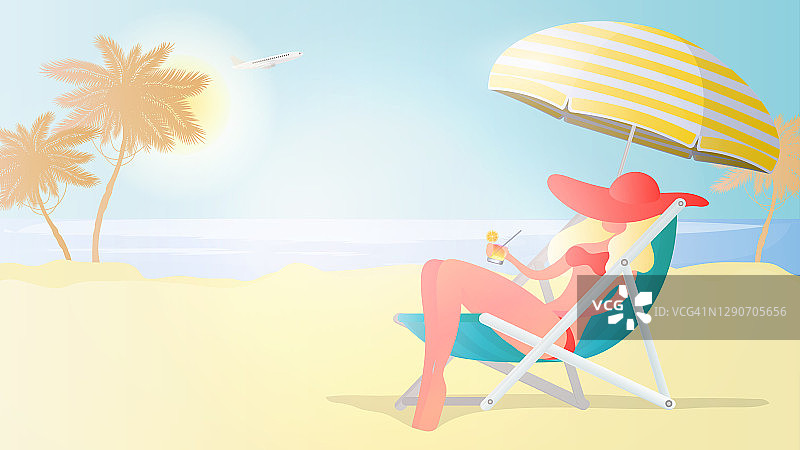 穿着泳衣的女孩在海滩上休息。坐在沙滩椅上，手里拿着鸡尾酒的女孩。海滩，棕榈树，鸡尾酒，躺椅，雨伞。矢量图图片素材