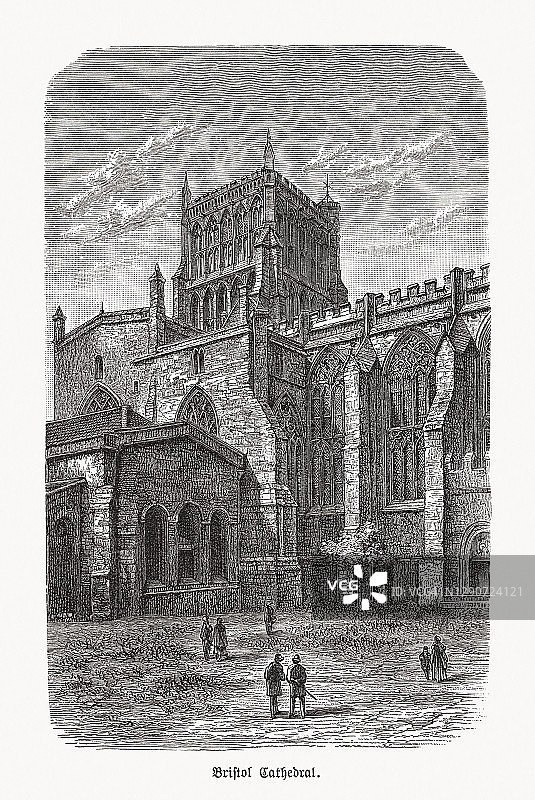 英国布里斯托尔大教堂的历史视图，木版，1893年出版图片素材