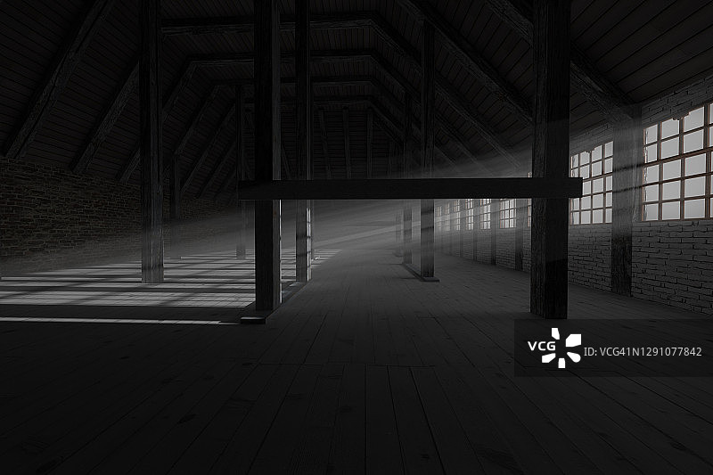光线透过窗户的昏暗空阁楼的3d渲染图片素材
