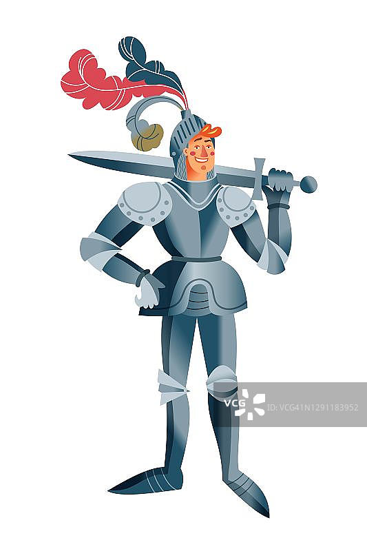 中世纪的盔甲骑士。武士与剑站在中世纪时期矢量插图。骑士勇敢微笑的人与武器孤立在白色背景图片素材