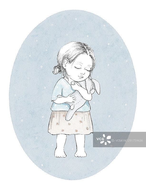 水彩素描与复古卡通小女孩与玩具兔子在椭圆形的蓝色背景图片素材