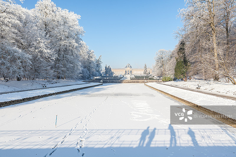 Tervuren公园的池塘和树木被霜覆盖图片素材