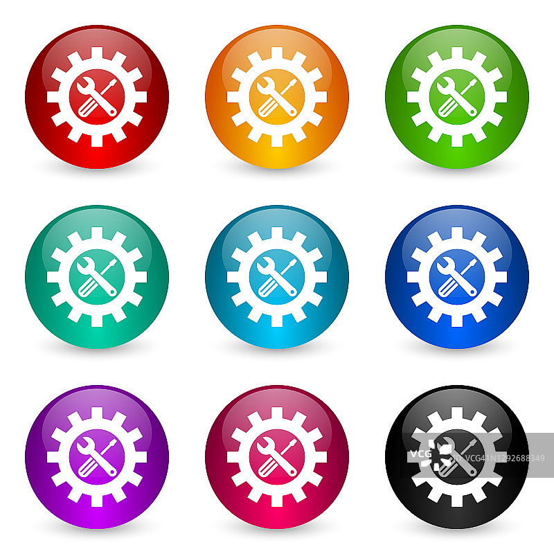 维修，工业，服务概念矢量图标，一套彩色光泽3d渲染球按钮在9个颜色选项图片素材
