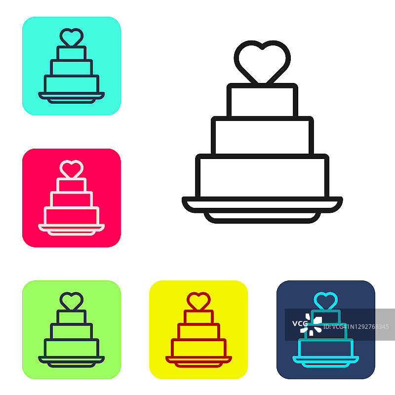 黑线婚礼蛋糕与心形图标孤立的白色背景。设置图标为彩色方框按钮。向量图片素材
