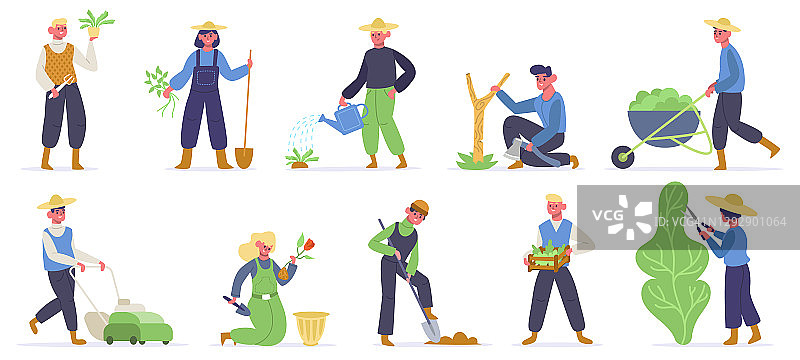 园艺字符。农场工人，园丁种植，浇水和收集农业植物和绿色植物。园丁工作矢量插图图片素材