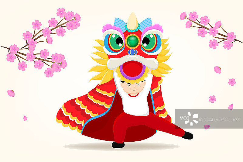 舞狮，用月亮和金币祝福好运新年快乐。中文是幸福和财富的意思。矢量在红色背景。图片素材