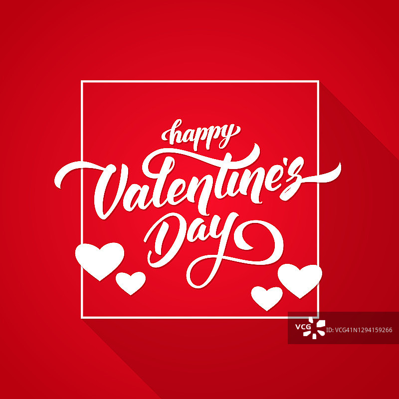 浪漫的贺卡与手写优雅的字母情人节快乐在白色框架在红色的背景。图片素材