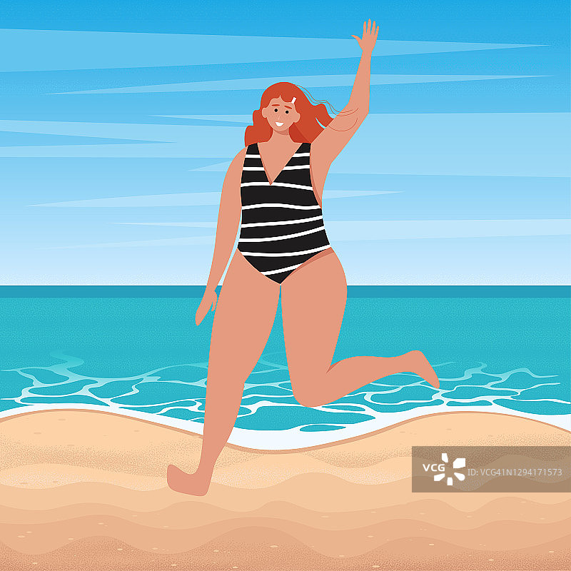 快乐女人在海滩上的风景，夏天的背景。平面风格的矢量插图图片素材