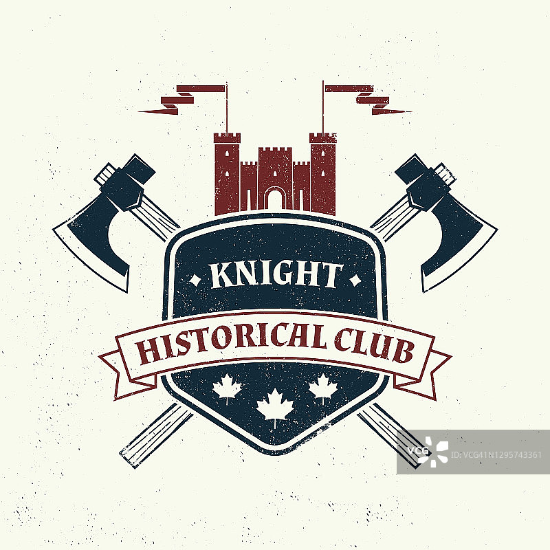 骑士历史俱乐部徽章设计。矢量插图概念的衬衫，印刷，邮票，覆盖或模板。复古排版设计与战斧和盾牌剪影。图片素材