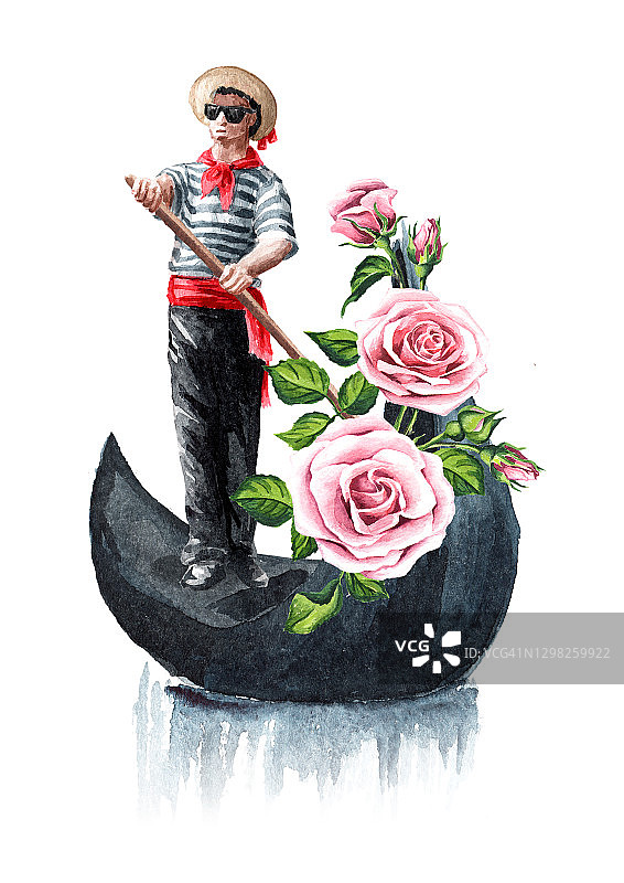 威尼斯的船夫，穿着传统的服装，坐在有花的贡多拉上。手绘水彩插图孤立的白色背景图片素材
