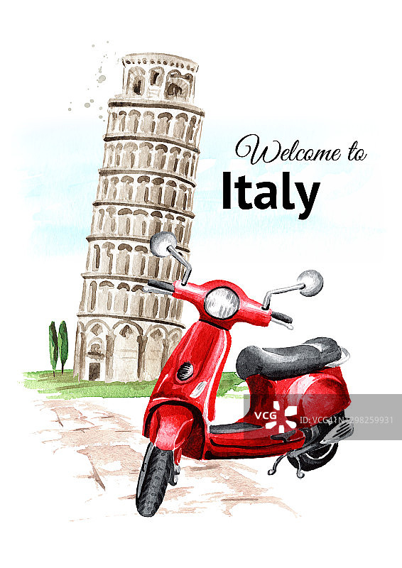 欢迎来到意大利卡。红色的摩托车或摩托车在比萨斜塔的背景。手绘水彩插图孤立的白色背景图片素材