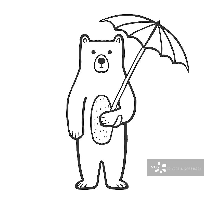 可爱的小熊伞轮廓着色页的孩子。涂鸦，画一个熊的卡通人物。手绘儿童印刷，矢量插图包装，织物，纺织。幼稚地。图片素材