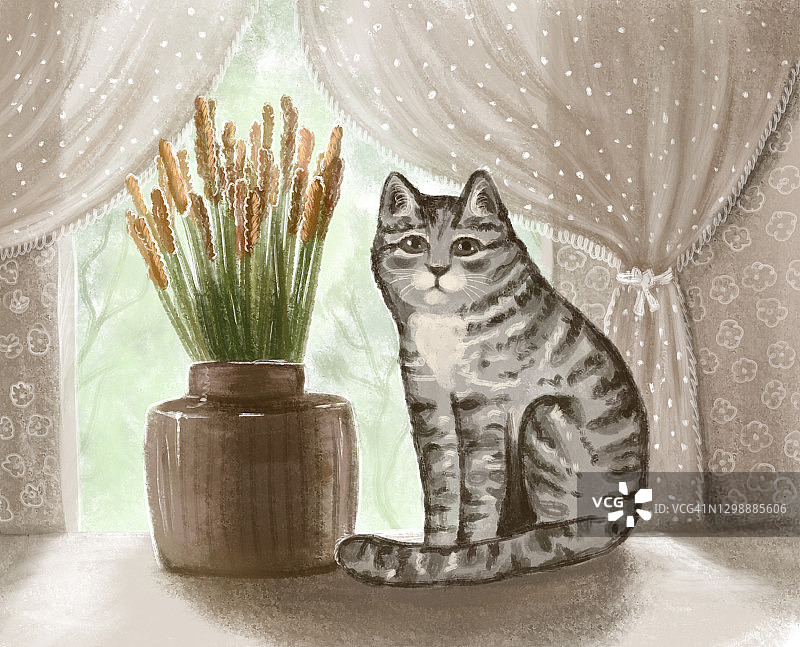 手绘的灰色可爱的卡通虎斑猫坐在窗台上的一个花瓶旁边图片素材