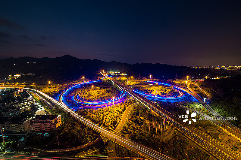 现代城市交通道路，夜间高架桥鸟瞰图片素材