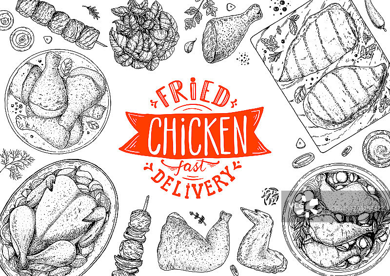鸡肉。炸鸡。手绘草图。烤鸡肉顶视图框架。矢量插图。雕刻设计。餐厅菜单设计模板。图片素材