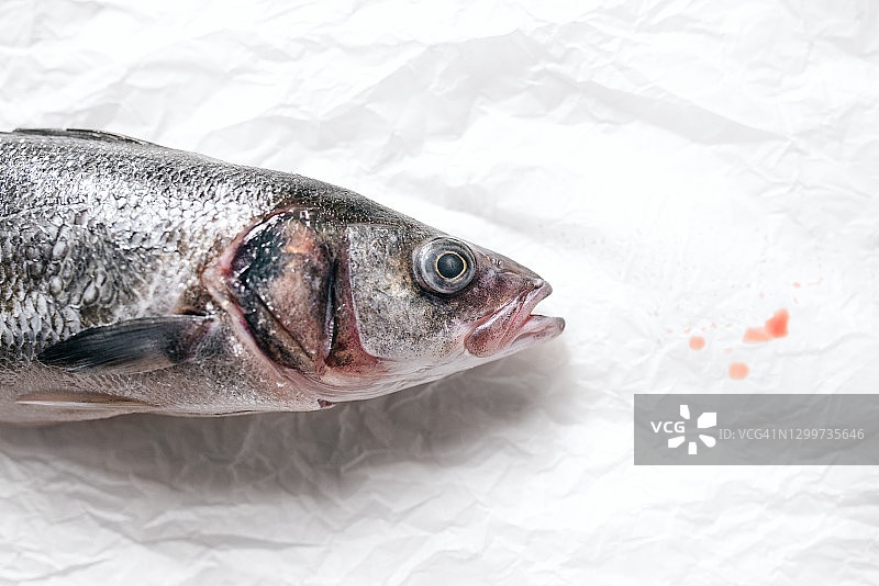 俯视图的新鲜生海鲈鱼头呈现在烤纸与空间复制。健康食品的概念。图片素材