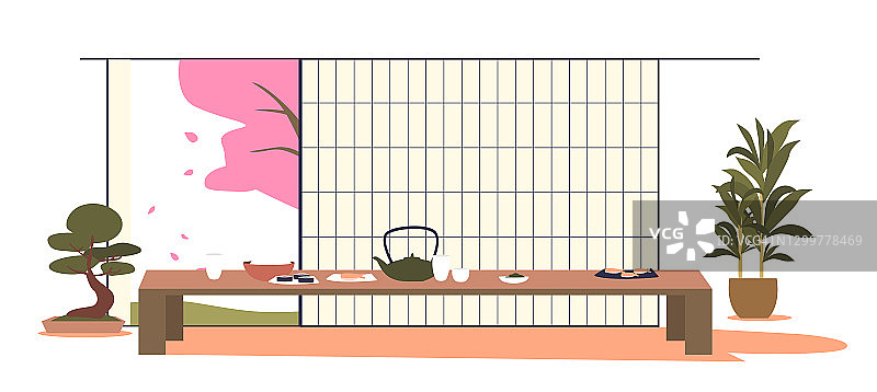 日式室内:东方餐厅，配有餐桌、茶壶和传统东方美食图片素材