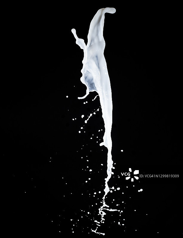 在黑色的背景下，牛奶的飞溅、喷射和下落悬浮在空中。图片素材