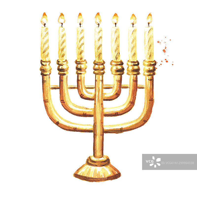 传统的希伯来烛台上有七根燃烧的蜡烛。犹太节日光明节的概念。手绘水彩插图，孤立的白色背景图片素材