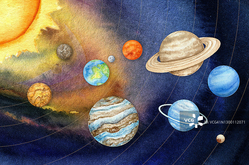 太阳系的水彩画行星。外层空间行星水星金星地球火星木星土星天王星海王星冥王星与太阳手在夜空背景。我们的星系天文学教育材料。图片素材
