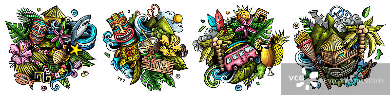 夏威夷卡通矢量涂鸦设计集。图片素材