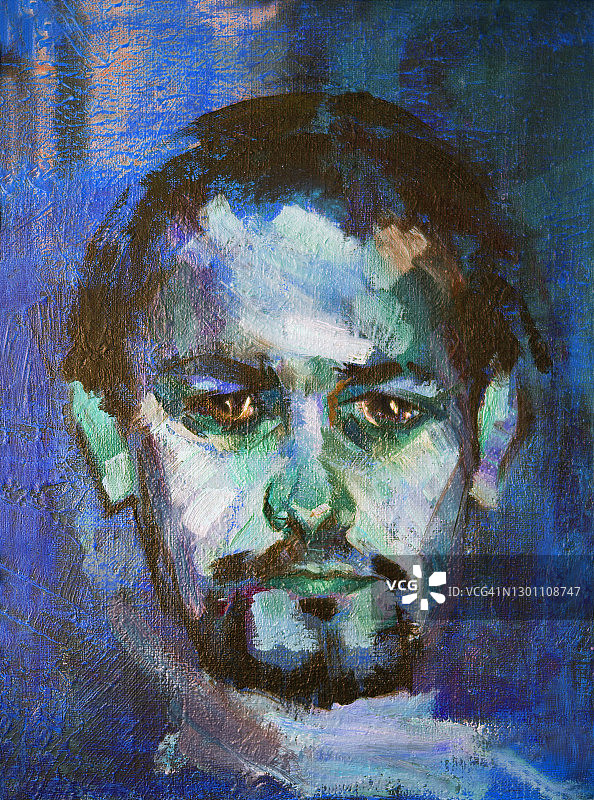 插图油画肖像的一个年轻男子与黑色的头发和胡子在明亮的抽象背景在蓝色的颜色图片素材
