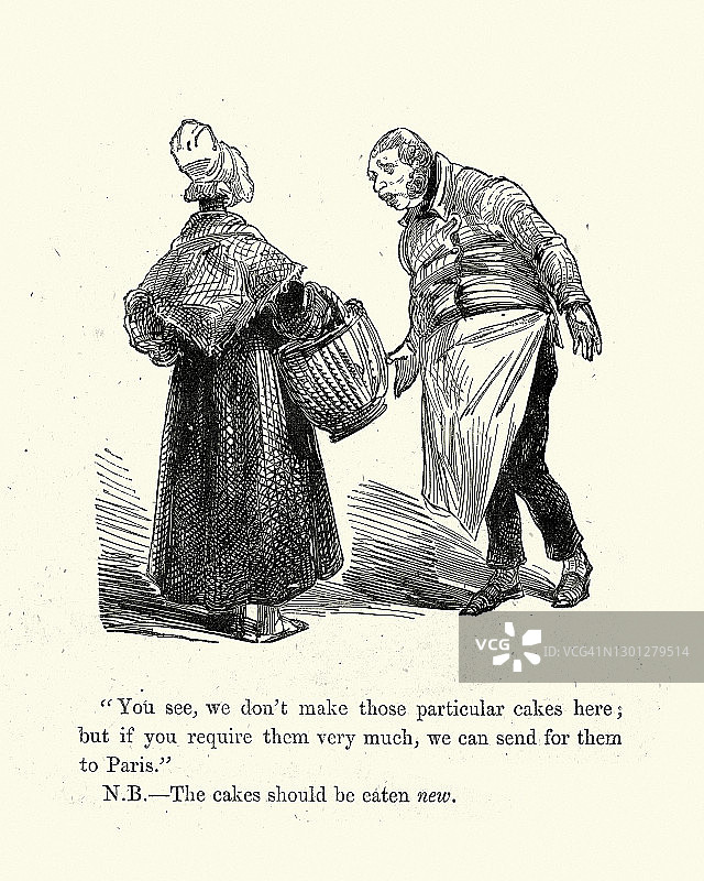 19世纪60年代，维多利亚时代，一名漫画女子向面包师要蛋糕图片素材