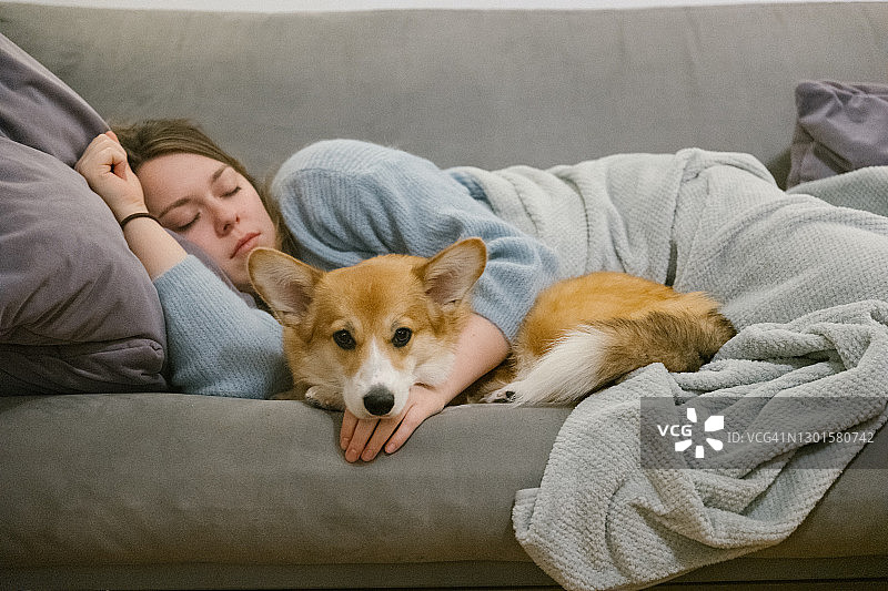 一个年轻女子正在沙发上和她的柯基狗放松图片素材