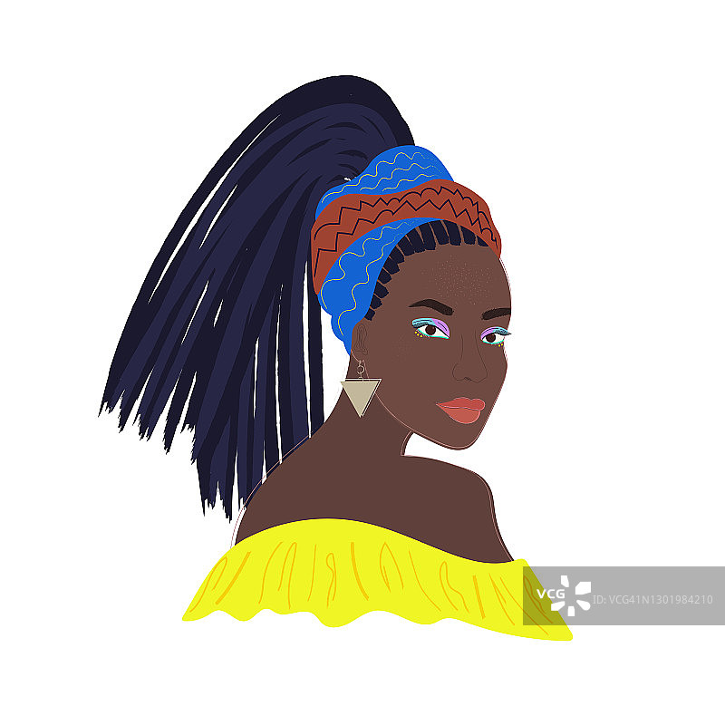 非洲女性，有着明亮的妆容和长发绺。抽象的肖像。图片素材
