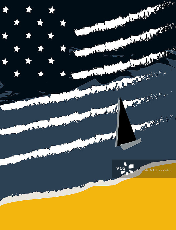 美国国旗的插图是波浪和一个星星的夜晚，一个大便驶离图片素材