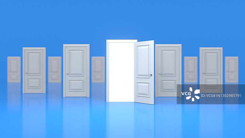 一组白色的木质门是关闭的，其中一扇门是开着发光的。有很多选择的方式。决策的概念，不同的可能性。选择，商业和成功的概念。三维渲染图片素材