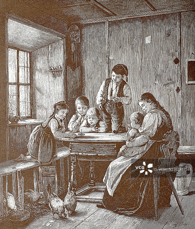 孩子们在厨房桌子上玩新纺车，妈妈和宝宝在一旁看着图片素材