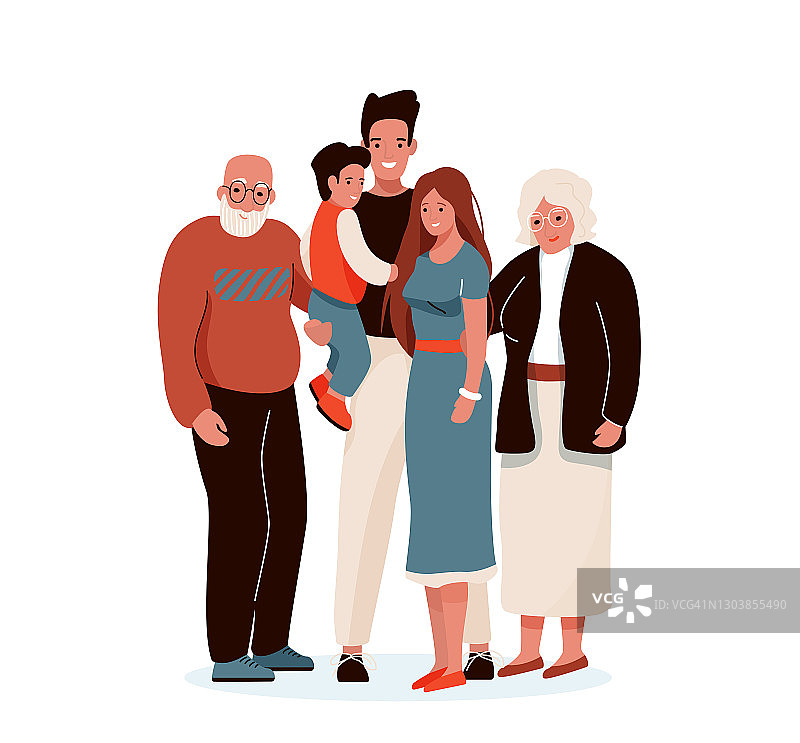 幸福家庭矢量插图。爸爸、妈妈、爷爷、奶奶、孩子互相拥抱。在白色背景上隔离图片素材