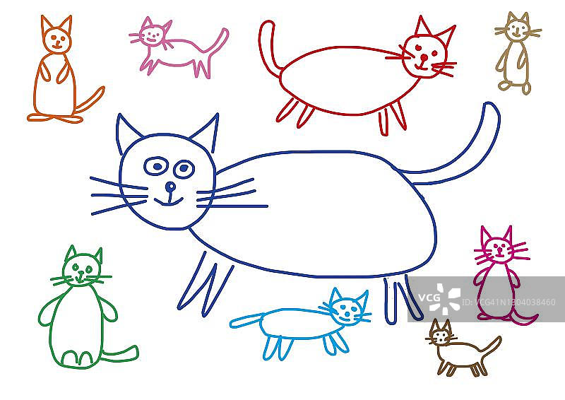 天真插图，儿童画不同的猫，奥地利图片素材