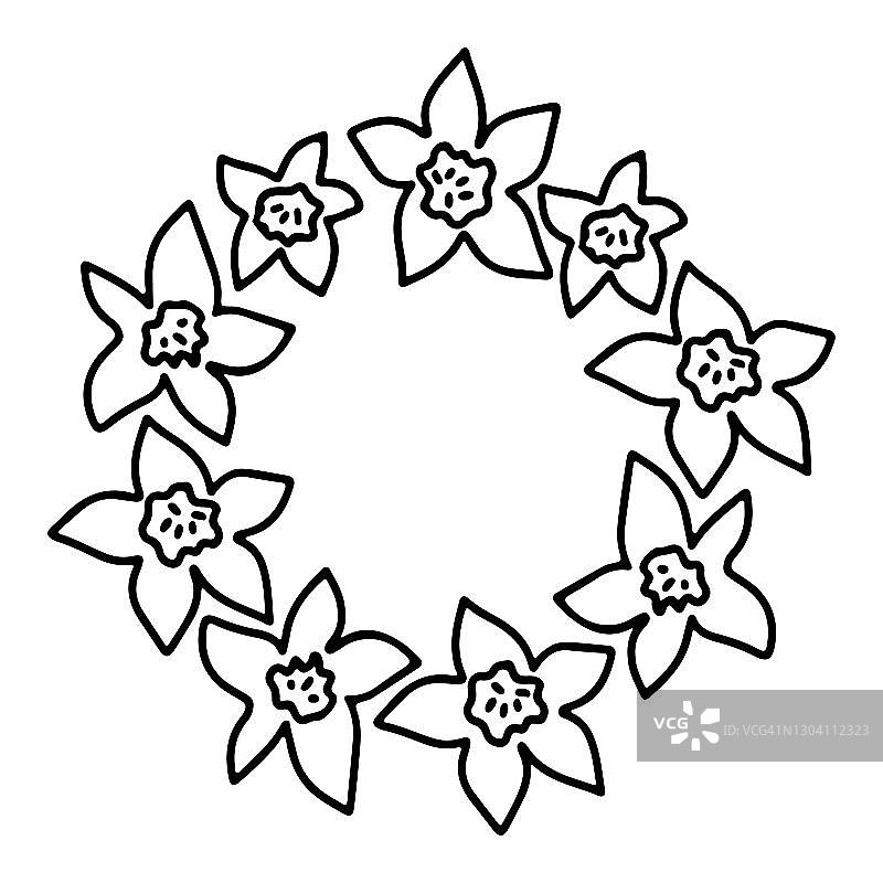 手绘花涂鸦圈花环与水仙孤立在白色的背景。图片素材
