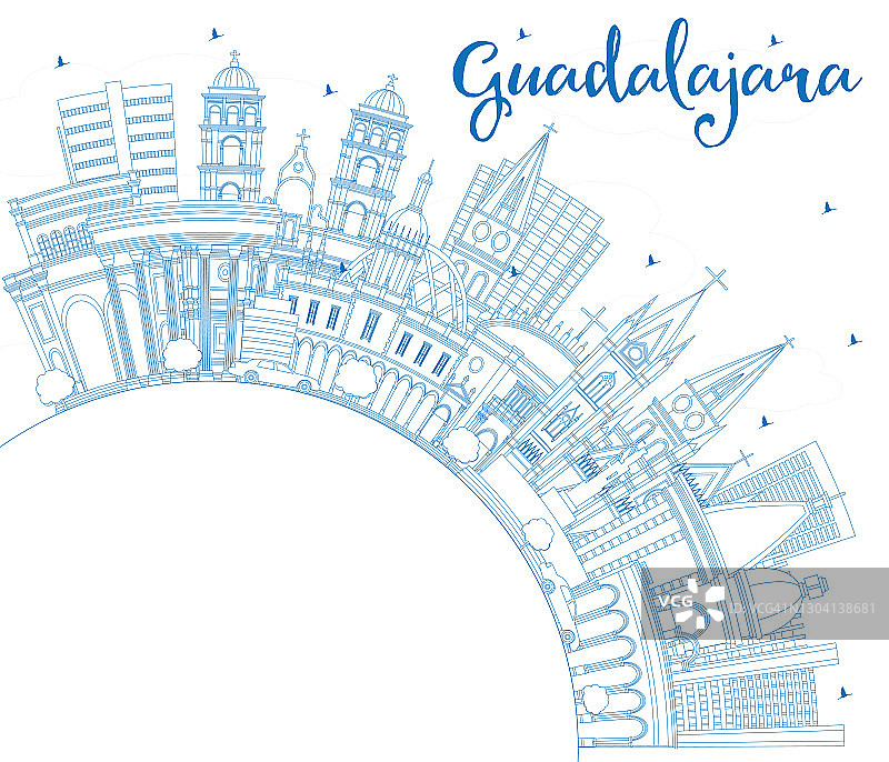 勾勒瓜达拉哈拉墨西哥城天际线与蓝色建筑和复制空间。图片素材