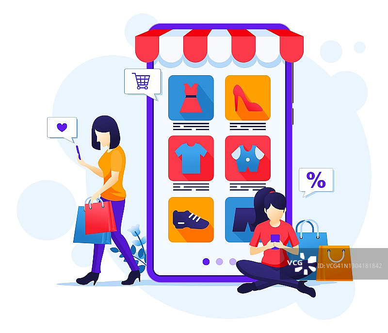 网上购物的概念，年轻女性在网上移动应用商店购买产品平面矢量插图图片素材