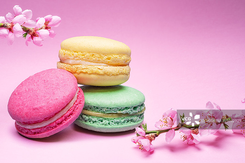 彩色的甜马卡龙或杏仁饼干，调味饼干在粉红色的背景和盛开的樱桃枝附近。图片素材