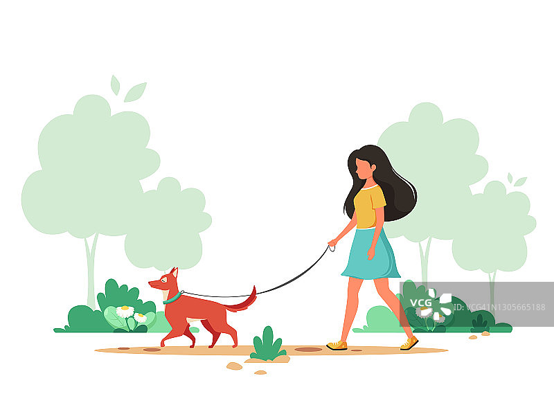 春天里遛狗的女人。户外活动的概念。矢量插图。图片素材