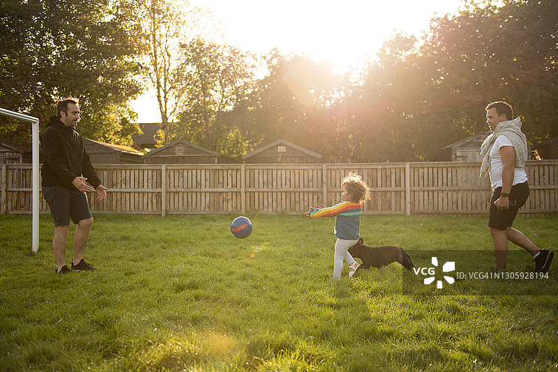 一个阳光明媚的日子，一家人在公园里和他们的狗踢足球图片素材