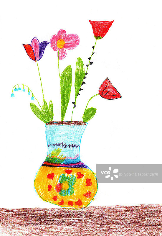 孩子们画一束花。儿童风格的铅笔艺术图片素材