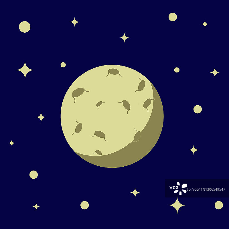 在星星和天体的背景上有环形山的黄色月亮。矢量插画的主题空间。平的风格图片素材